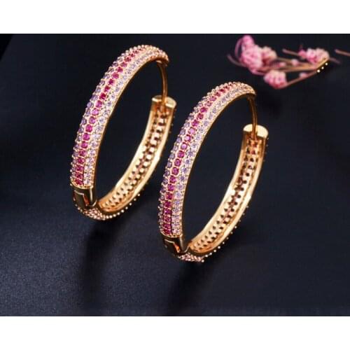 ThreeGraces Luxury Dubai Gold Three Rows Mix Purple Red Color CZ Big Circle Round Huggie Hoop Earrings for Female Jewelry ER321