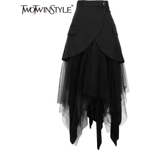TWOTWINSTYLE Asymmetrical Patchwork Mesh Skirt For Women High Waist Plus Sizes Skirts Female Fashion Clothes 2020 Spring New