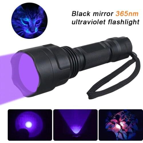 UV 365nm Ultra Violet Flashlight Black Mirror 1 Gear Mode LED Violet Pet Urine Stains Detector Lamp+Anti-Lost Rope+18650+Charger