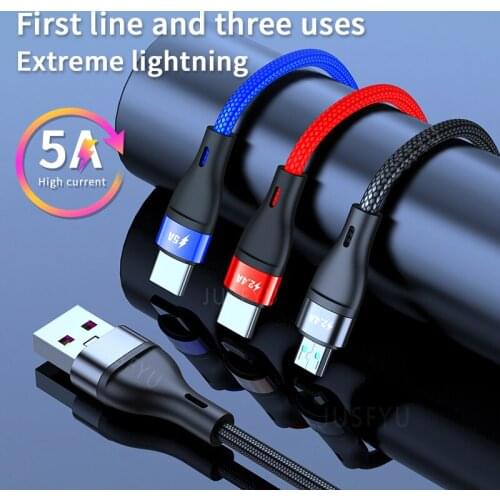 5A USB Type C Charging Cable Micro USB Type C Data Cord 3 In 1 Mobile Phone Quick Charge Type-C Wire For iPhone 12 11 Xiaomi 11