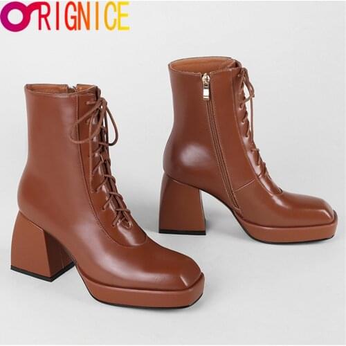 Orignice Square Toe Platform Ankle Boots Good Quality Leather Women 2021 New Retro Lace Up Zipper Handmade Special Casual Shoes