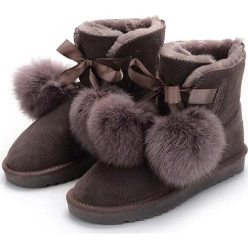 Fur Snow Boots Real Cowhide Womens Cotton Shoes Winter New Fox Fur BallWild Warm Non-slip Boots