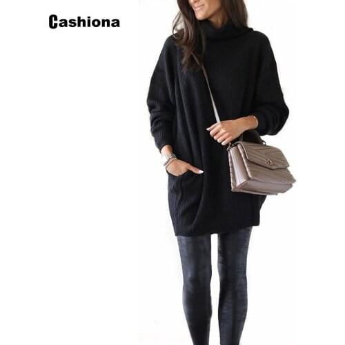 2020 Knitting Turtleneck Sweater Women Autumn Model Pockets Jumper Pullovers Femme Black Gray Sweaters Long Womens Clothing