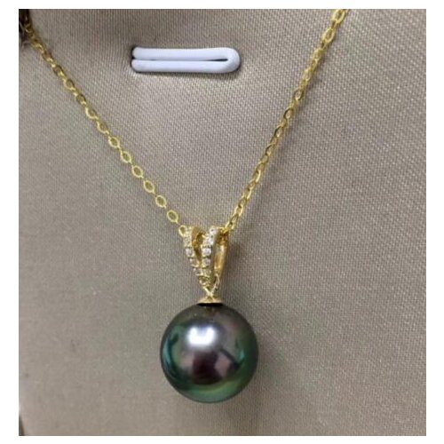 Free shipping >>>>noble jewelry AAA round 11-12mm natural round Tahitian black green pearl pendant 18K gold
