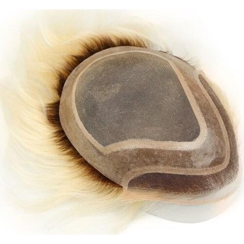 Human Hair Toupee for Men European Human Hair Pieces for Men with 10" x 8" Super Thin French Lace 60 Platinum Blonde Ombre 4T60