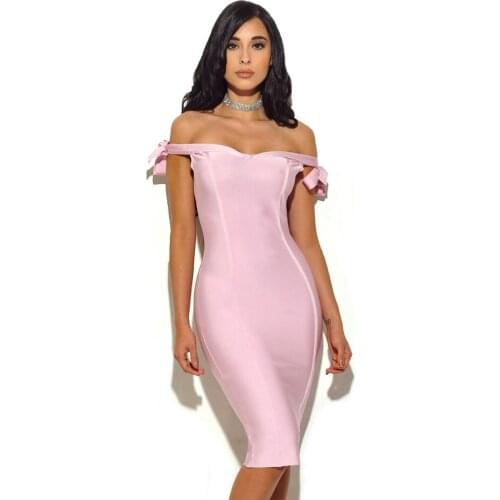 Aesthetic Ribbed-Knit Slash Neck Bow Lace Up Short Sleeve Off Shoulder Rayon Bandage Knee Length Party Dress