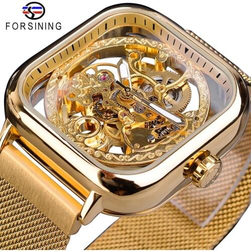 Forsining Golden Men Automatic Watch Square Skeleton Mesh Steel Band Mechanical Business Clock Relogio Masculino Erkek Kol Saati