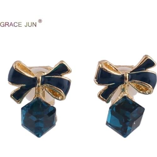 GRACE JUN Fashion Cute Square Crystal Bowknot Clip on Earrings for Girl Party Charm Cushion Earrings Needn't Ear Hole Earrings