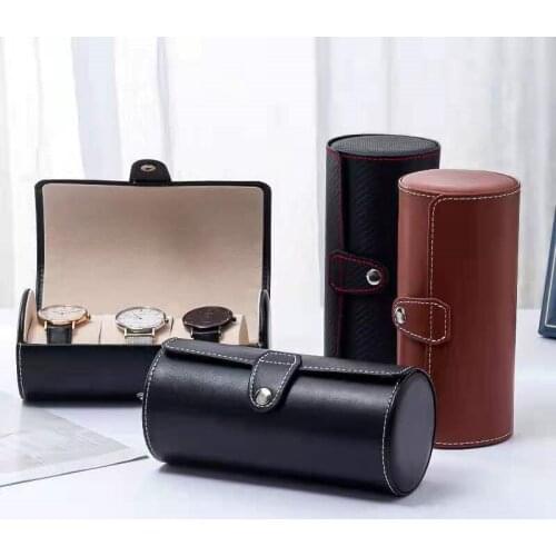 Exquisite High Quality PU Leather Round Cylindrical Watch Box Display Box Jewelry Storage Flannel Snap Button Watch Storage Boxs