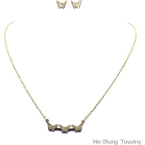 2018 New Trendy Stainless Steel Three Romantic butterflies Jewelry Set Never Fade Necklace Earring Set For Women Girl Gift