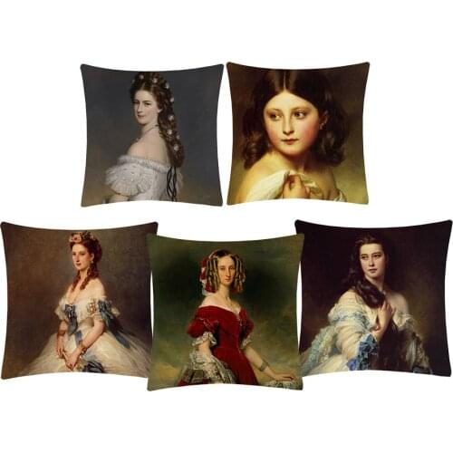 Royal Court Princess Queen Oil Painting Cushion Cover Beautiful Lady Portrait Mom and Son Pillow Case Sofa Decoration