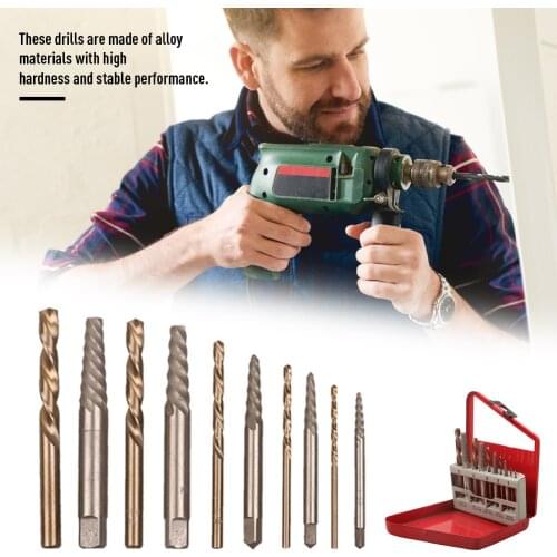 10PC Piece Set Screw Extractor Set Iron Box Inch Drill Bit Extractor Broken Screw Removal Tool Twist Drill