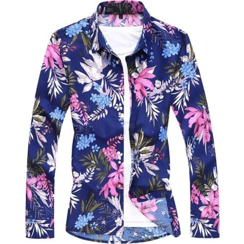 Autumn new mens slim floral print shirt long-sleeved tops mens casual navy blue plus size shirt 5XL 6XL 7XL
