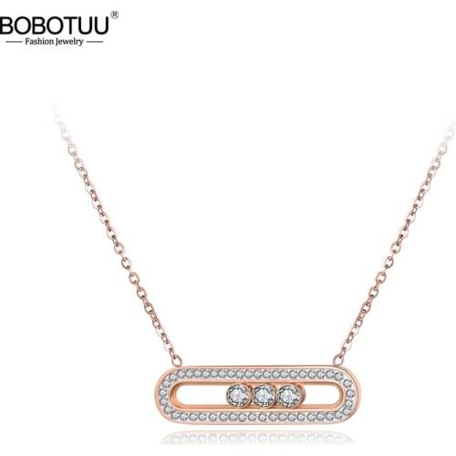 BOBOTUU Necklace Stainless Steel Silver & Rose Gold Color Pendant Necklace Slidable Rhinestone Crystal Engagemen Jewelry BN18074