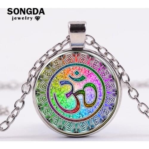 SONGDA Hindu Buddhism AUM OM Symbol Necklace 7 Chakra Color Mandala Art Photo Glass Dome Pendant Meditation Yoga Buddhist Choker