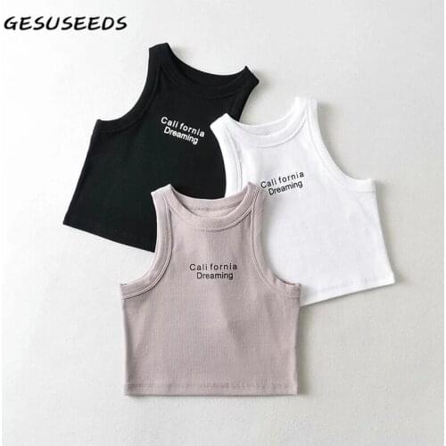 Casual tank top women sleeveless tops summer off shoulder top korean letter print tops ribbed slim vest white crop top black