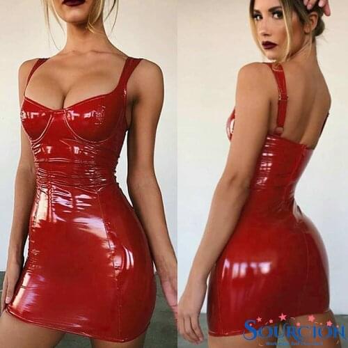 SWT Sexy Backless Club Party Short Dress Women Club Dress Solid Sexy/Sissy Dress Latex Faux Leather Bodycon Party Sex Dress