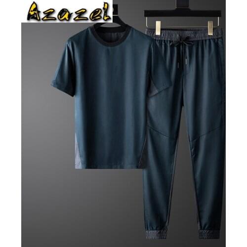 Azazel Tencel Man Tracksuit (t-shirt+pants) Luxury Short Sleeve Splicing Design Casual Sport Male Sets Fashion Slim Mens Suits