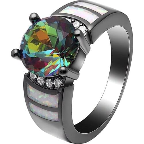 Mysterious Rainbow Opal Ring Gorgerous Black Gold Color Jewelry Wedding Party Big Zircon Multi-colorYellow Rings For Women