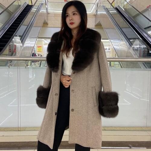 Women Wool Blend Jacket Winter Warm Fashion Overcoat Fox Fur Collar And Cuffs 2021 New Arrival