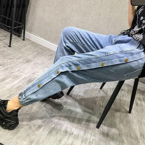 Harajuku Side Button Nine-point Jeans Womens Spring 2021 Plus Size High Waist Loose Casual Harem Denim Pants Sweatpants Women