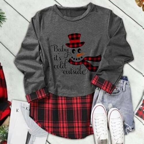 Women Long Sleeve Pullover Sweatshirt Women Tops Knitted Pullover Santa Gnome Print Blouse Top Plaid Patchwork Christmas T-shirt