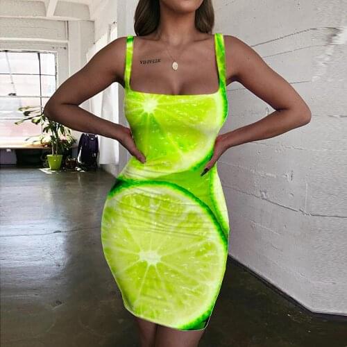 Giyu Brand Lemon Dresses Women Fruit Ladies Dresses Food Bodycon Dress Green Vestido Sexy Womens Clothing Summer Vintage Beach