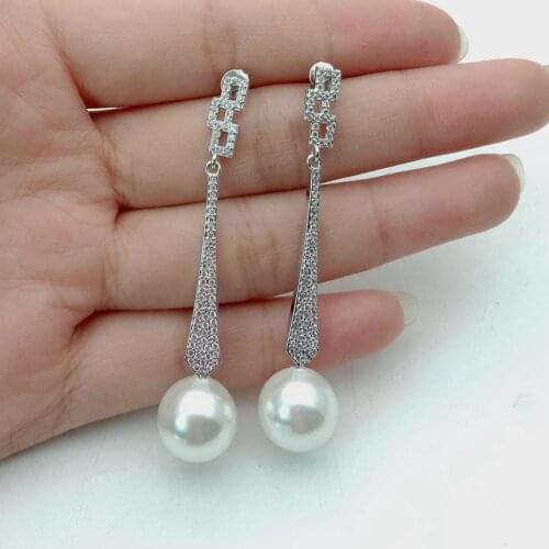 12MM White Sea Shell Pearl Cubic Zirconia Micro pave silver color plated geometric stud Earrings office style for women