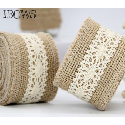 2M/Roll 50MM Width Natural Burlap Ribbon with White Lace Jute Twine Cord Hemp Rope Rustic Wrap Gift Packing Wedding Decoration