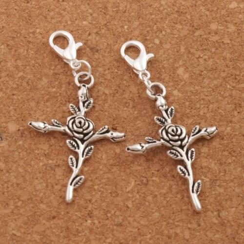 20pcs Zinc Alloy Vintage Rose Flower Cross Clasp European Lobster Trigger Clip On Charm Beads C440 23.7x48.5mm
