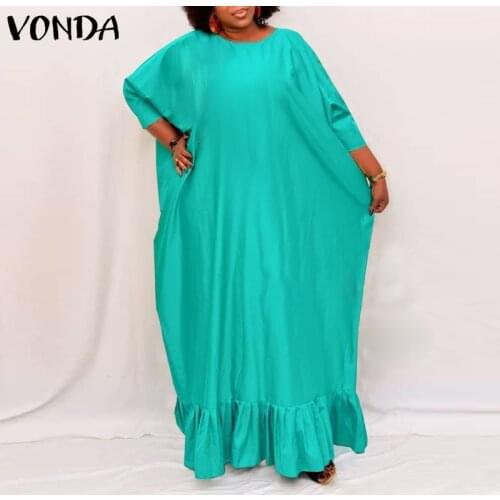 Bohemian Long Maxi Dress 2021 VONDA Women Summer Sundress Beach Casual 3/4 Sleeve Ruffled Dresses Casual Vestidos