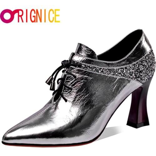 Orignice Concise Blingbling Genuine Leather Women Ankle Boots Spring Autumn Cross Tied Pointed Toe Strange Heels Party Shoes