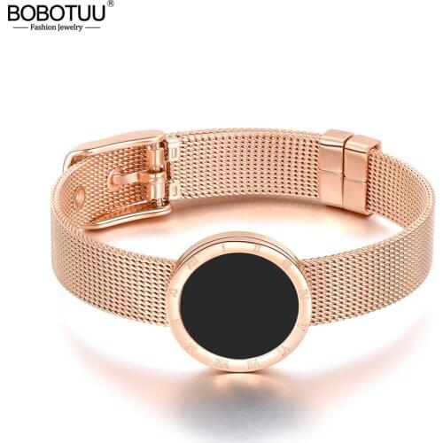 BOBOTUU Stainless Steel Roman Numerals Watch Bracelet Cuff Bangles Bracelets Lovers Jewelry Valentines Day Gift Pulsera BB18074