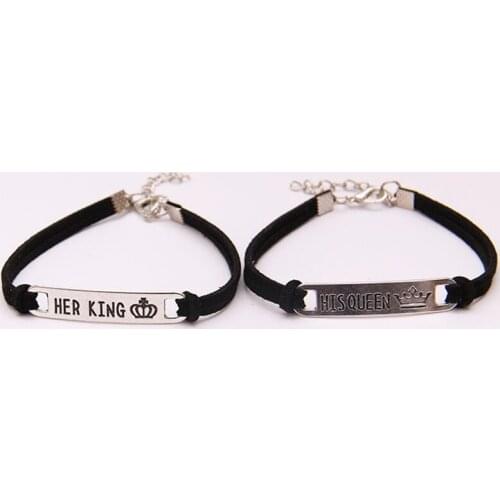 Letters Her King His Queen Carved Alloy Sheet Rope Bracelet Couple Jewelry Crown Paired Bracelet For Lovers Valentines Day Gift