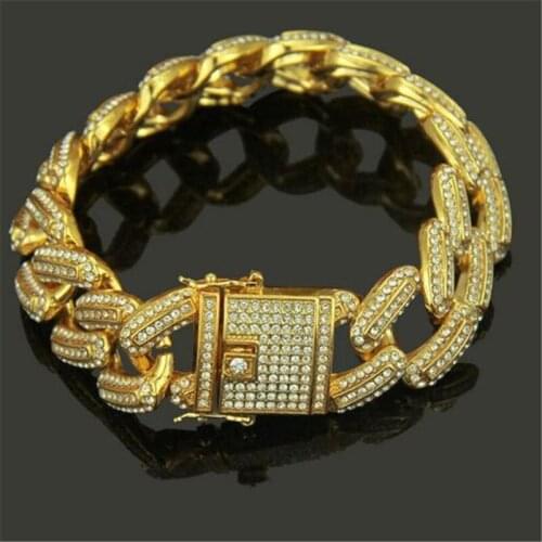 Full Rhinestone Iced Out Men Hip hop Bling Cuban Bracelet Paved Rhinestones Chain Bracelets For Women Men Jewelry CZ Link Chain