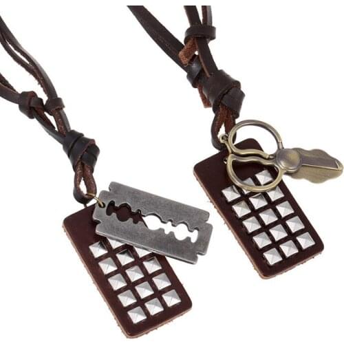 Punk Rock Men Long Necklace Gothic Metal Pendant Scissors Blade Retro Rivet Leather Chain Vintage Fashion Women Men Jewelry Gift