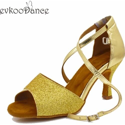 Evkoodance golden pu with glitter Zapatos De Bail Professional Size US 4-12 Heel Height 7cm Shoes For Women Evkoo-587