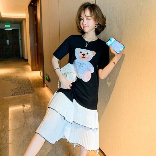 Cartoon cub three dimensional nail bead loose stitching pleat T T-shirt dress girl 2021 Spring new