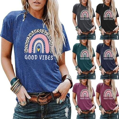 GOOD VIBES Rainbow Print T-shirt For Women Casual Summer Tops 2021 New O-Neck Short Sleeve Loose Tshirt Woman Clothes Plus Size