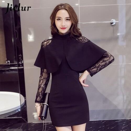 Jielur Back Dress Elegant Lace Stitching Shawl Long Sleeve Spring Hepburn Dress Lady Fashion Slim Party Clubwear Vestidos Mujer