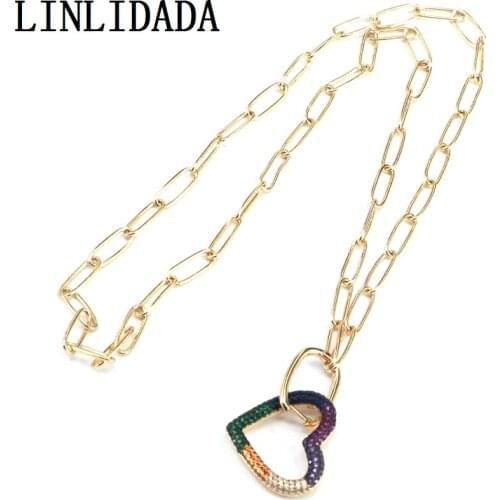 3Pcs Rainbow CZ Micro Pave Heart Pendant Necklaces Punk Link Chain Gold Color Jewellery Pave CZ Zircon Necklace