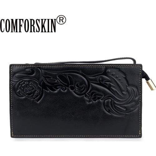 COMFORSKIN Large Capacity Women Leather Wallet New Arrivals Genuine Leather Female Zipper Purse Long Retro Flower Lady Wallets