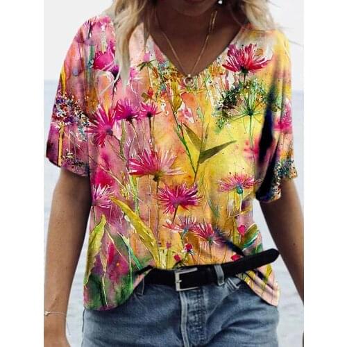 Fashion Ladies Street V-neck Summer Tee Tie Dye 3d Floral Print Women T Shirts Casual Short Sleeve Loose Plus Size Tops