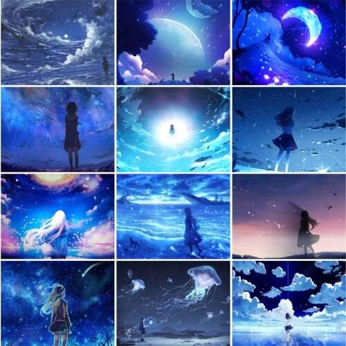 5D Diy Diamond Night View Painting Dreamy Starry Sky Girl Jellyfish Cloud Cross Stitch Kit Embroidery Mosaic Home Decor Gifts