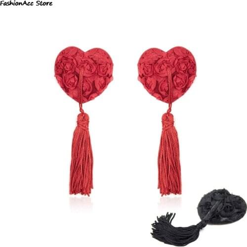 2021 New Heart Shape sexy Womens Nipple Covers Rose Breast Petals Tassel Pasties Bra Lingeries Red Black