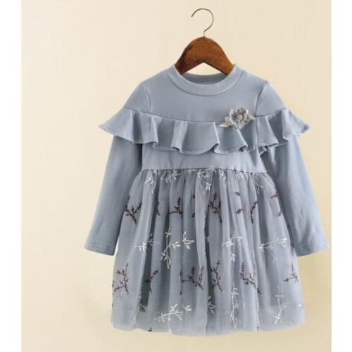 2019 spring Kids girls new fashion good quality long sleeve patchwork embroidery mesh princess dress 3-8 years