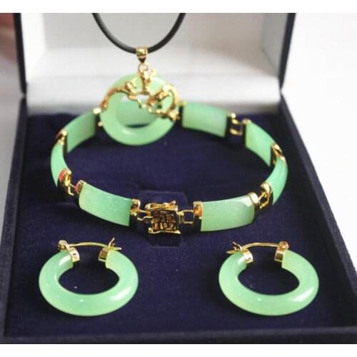 New! womans noblest green jade dragon pendant & earring bracelet jewelry set