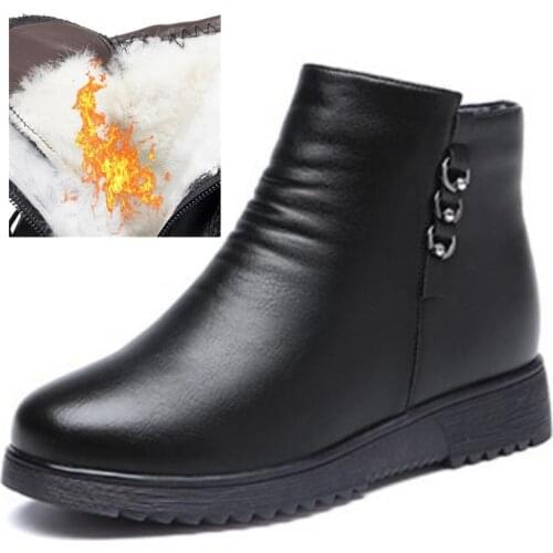 New Fashion 100% Genuine Leather Inisde Plush / Wool Winter Boots Women Boots Flat Non-slip Large Size Warm Shoes Snow Boots