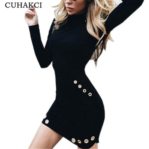 CUHAKCI Bodycon Autumn Winter Sexy Dresses Cotton Black Turtleneck Mini Party Club Women Long Sleeve Street Wear