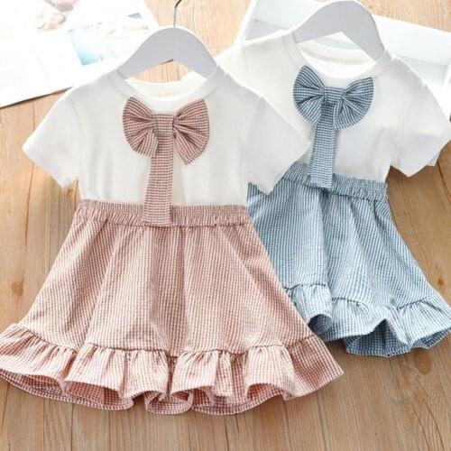 2-6T Summer Girls Dress Short Sleeve Splicing Sweet Kids Round Neck Ruffle Baby Dresses Cotton Bow Kids Clothing for Hiking